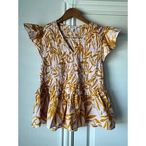 ON 34th Large Pink / Orange Patterned Ruched Peplum Blouse w/ V-Neck 100% Cotton